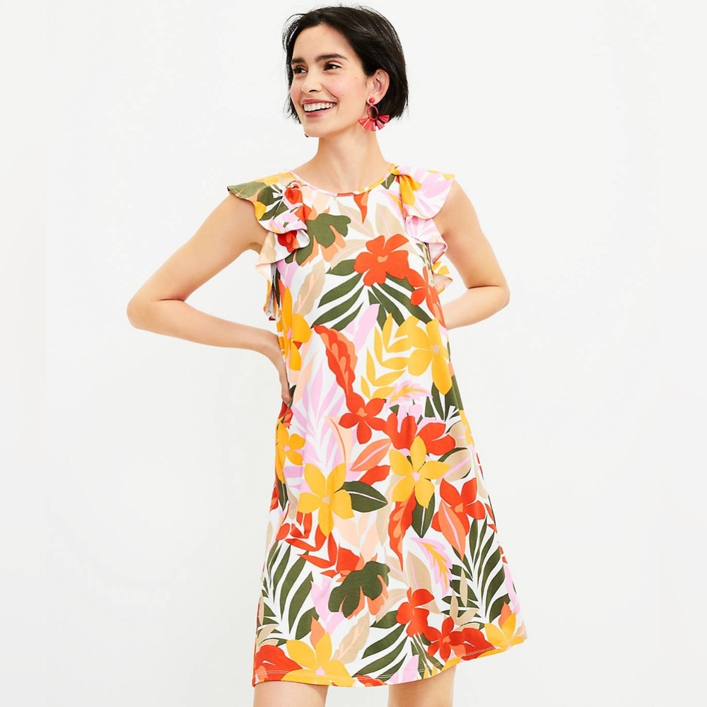 LOFT Women’s XS Tropical Ruffle V-Back Swing Dress